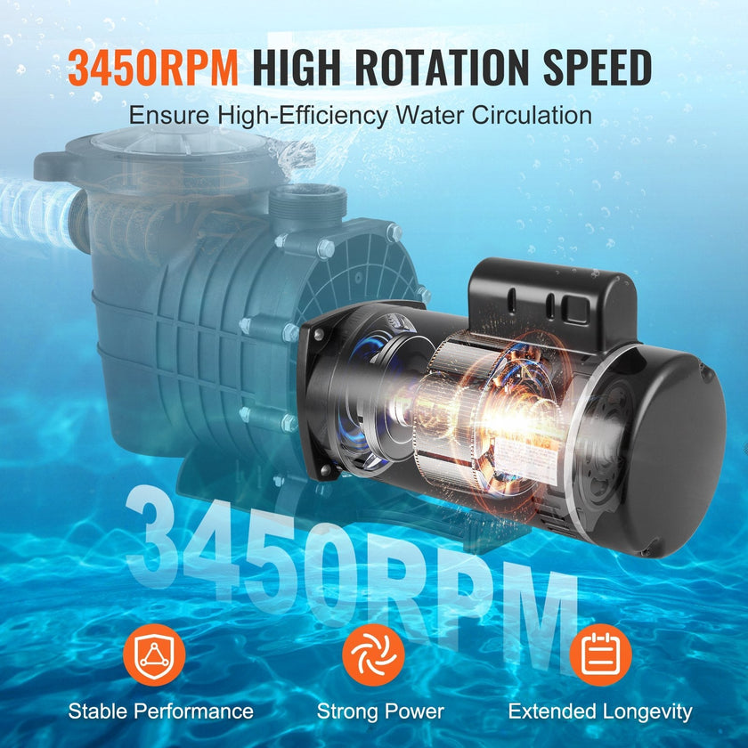 VEVOR 2 HP Pool Pump Motor, 56Y Frame, 230V (7.8 Amps) 3450 RPM, 60Hz, 1.3 Service Factor, 50?F/250V Capacitor, CCW Rotation Square Flange Replacement Motor