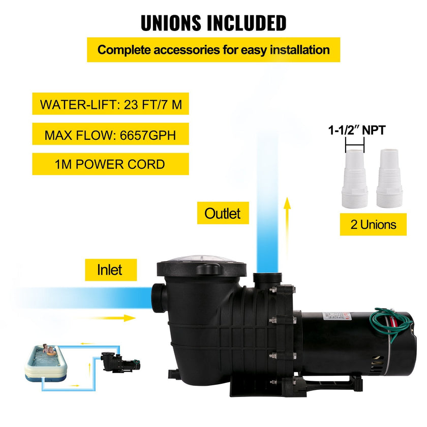 VEVOR Pool Pump 2.0HP 110V, Powerful Self-priming Pump 1500W 6657GPH, In/Above Ground Swimming Pool Pump, Single Speed Filter Pump w/ Strainer Basket, High Flow Pool Pump