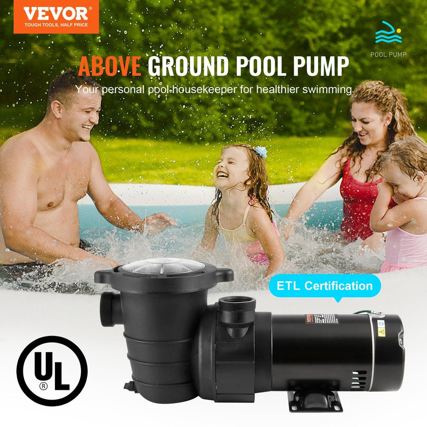VEVOR Above Ground Pool Pump, 1HP, 80 GPM Max. Flow Single Speed Swimming Pool Pump, 120V 3450 RPM 36 ft Max. Head Lift Pool Pump with Filter Basket, for Above Ground Pools Hot Tubs Spas