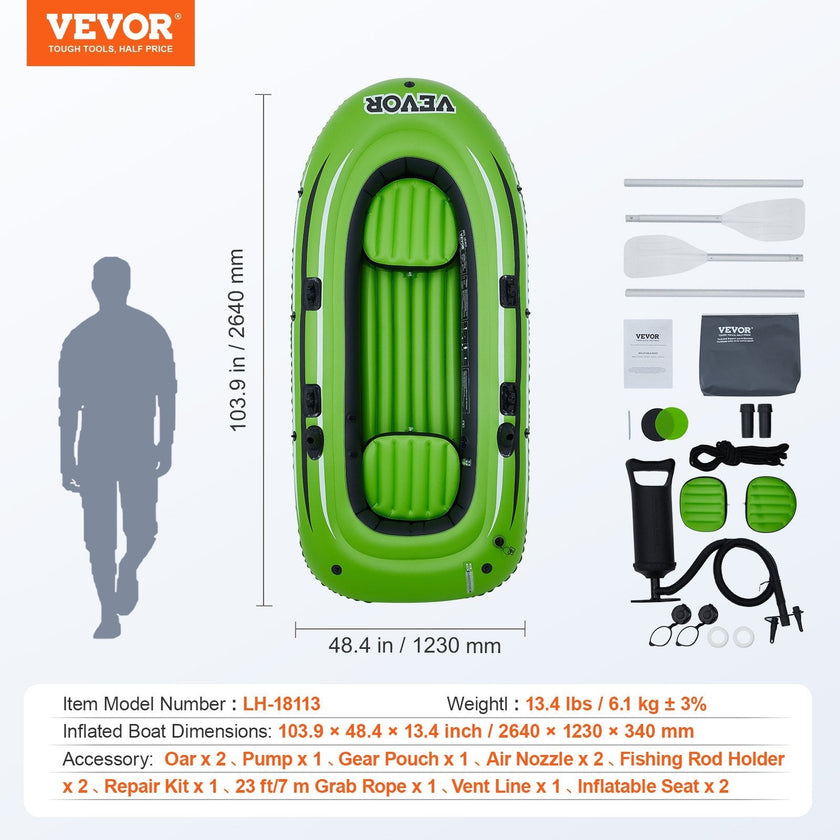 VEVOR Inflatable Boat, 3-Person Inflatable Fishing Boat, Strong PVC Portable Boat Raft Kayak, 45.6