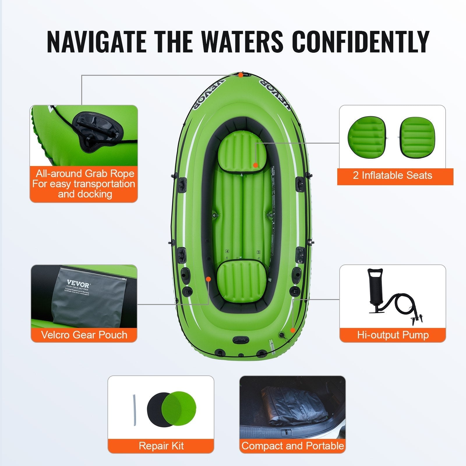 VEVOR Inflatable Boat, 4-Person Inflatable Fishing Boat, Strong PVC Portable Boat Raft Kayak, 45.6