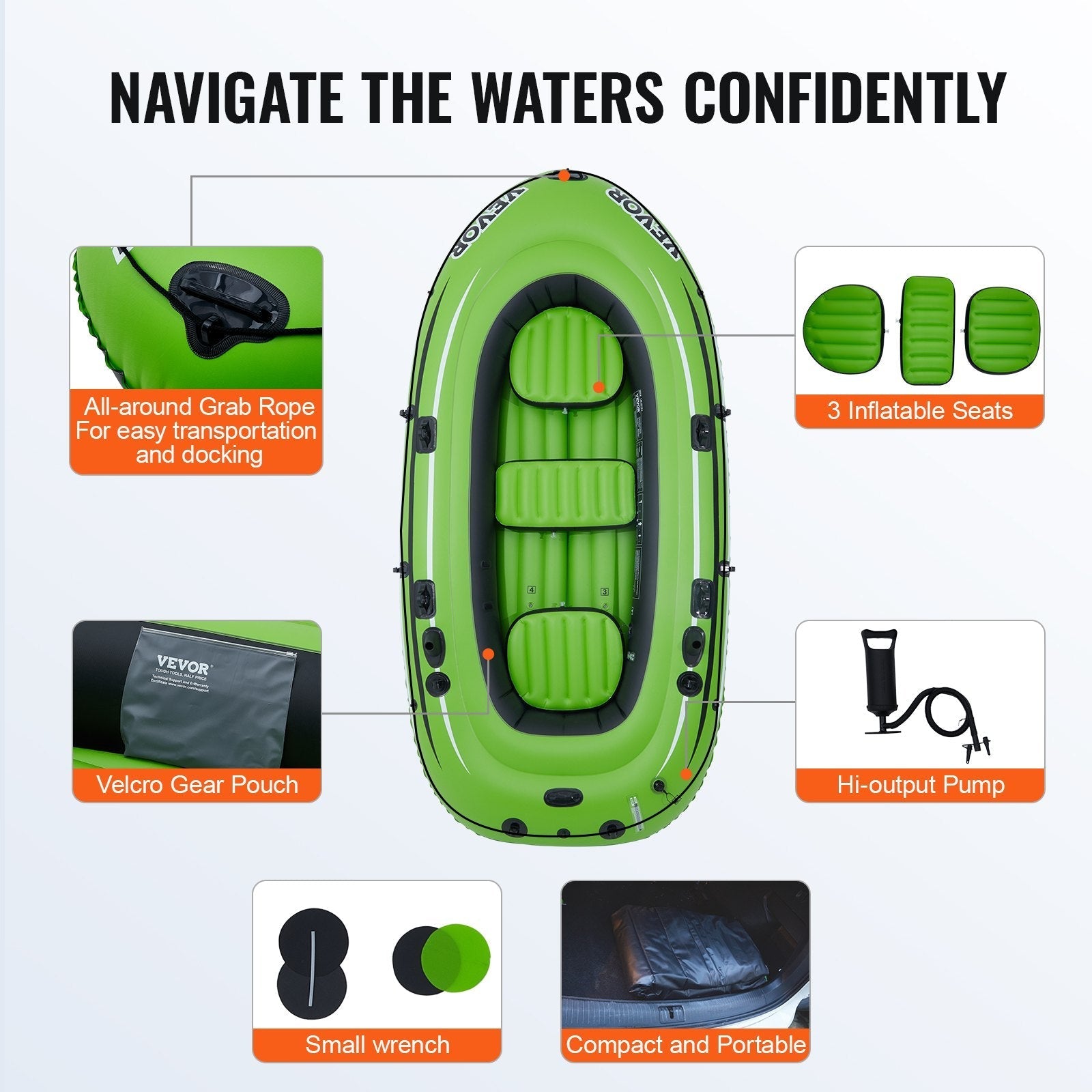 VEVOR Inflatable Boat, 5-Person Inflatable Fishing Boat, Strong PVC Portable Boat Raft Kayak, 45.6