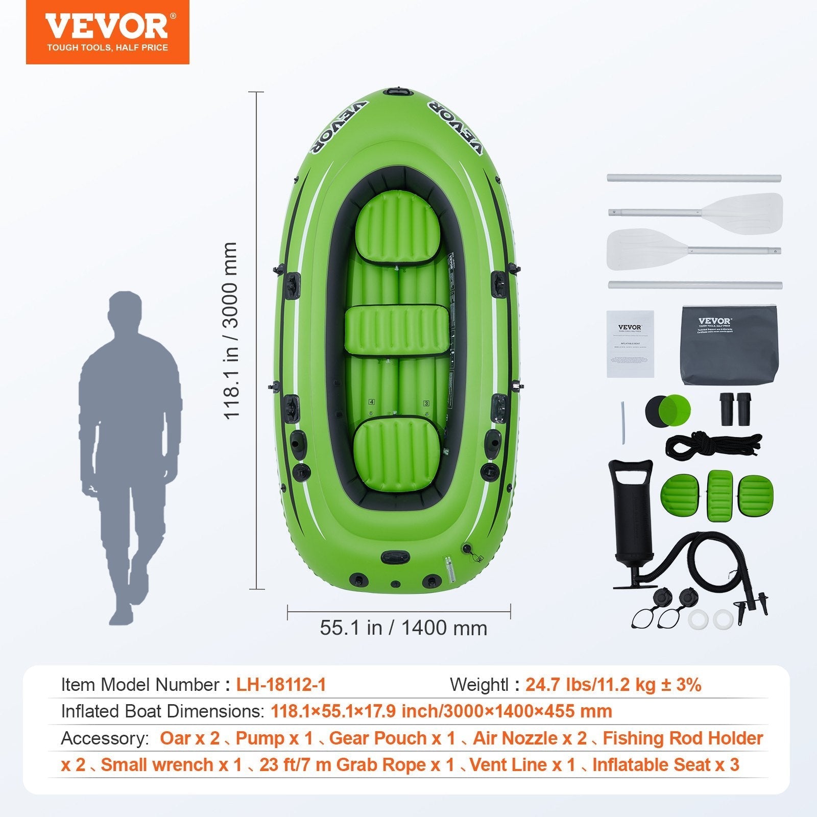 VEVOR Inflatable Boat, 5-Person Inflatable Fishing Boat, Strong PVC Portable Boat Raft Kayak, 45.6