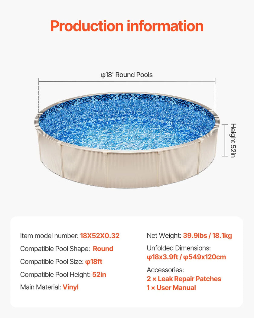 VEVOR Round Pool Liner 18ft Unibead Style Pool Liner 52in Wall Height