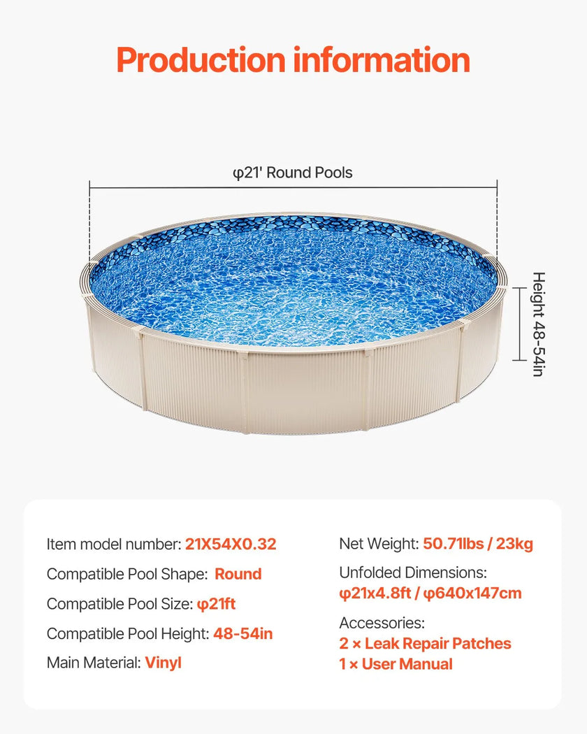 VEVOR Round Pool Liner 21ft Overlap Style Pool Liner 54in Wall Height