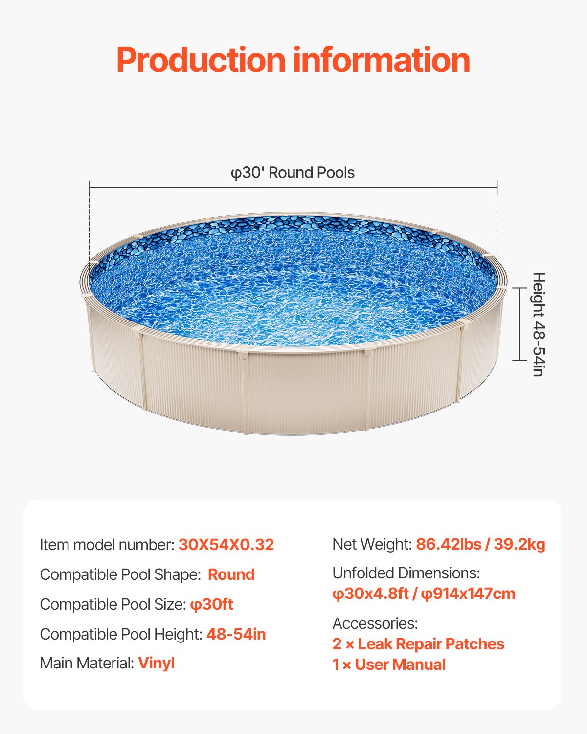 VEVOR Round Pool Liner 30ft Overlap Style Pool Liner 54in Wall Height