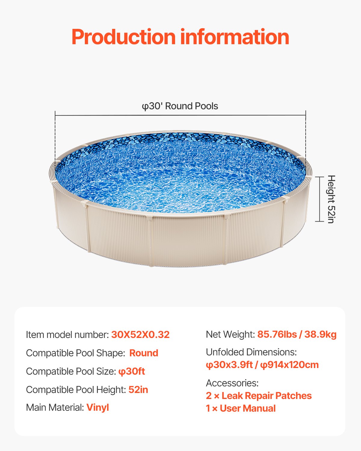 VEVOR Round Pool Liner 30ft Unibead Style Pool Liner 52in Wall Height