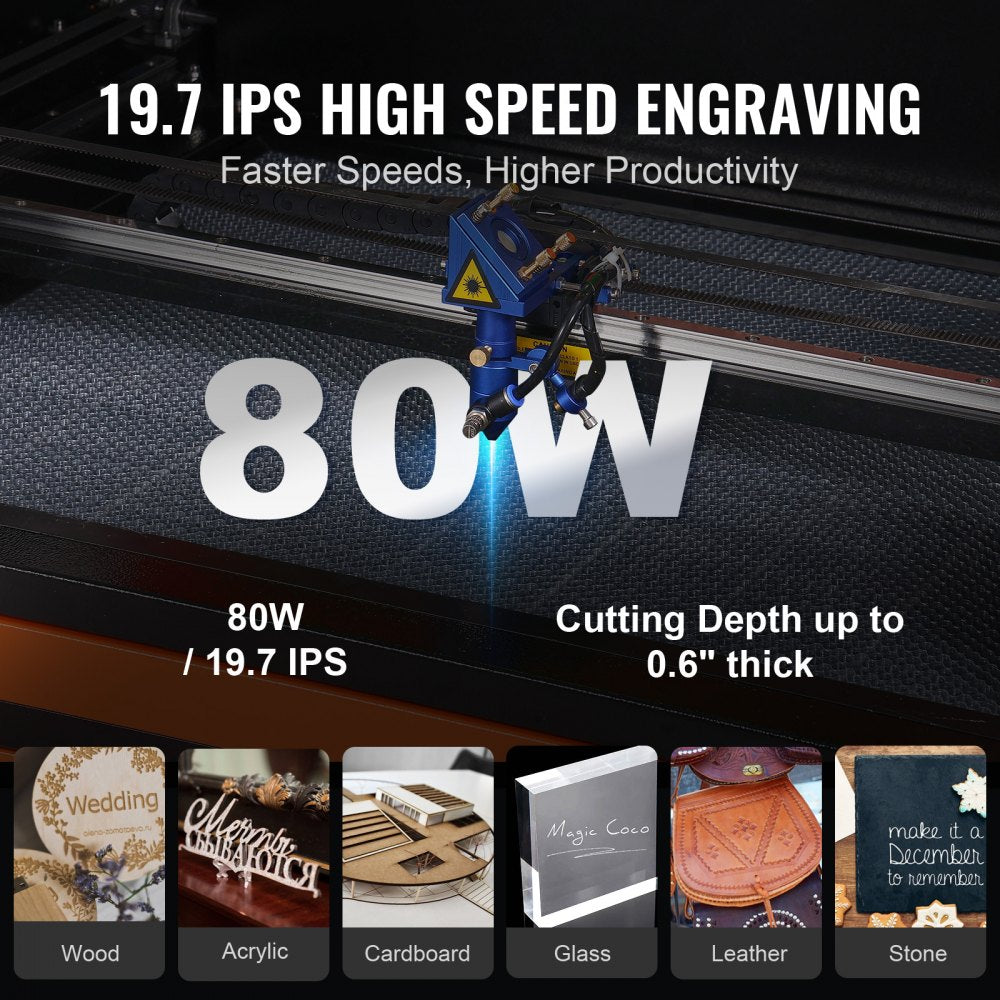 VEVOR 80W CO2 Laser Engraver, 20 x 28 in, 19.7 IPS Laser Cutter Machine with 2-Way Pass Air Assist, Compatible with LightBurn, CorelDRAW, AutoCAD, Windows, Mac OS, Linux, for Wood Acrylic Fabric More