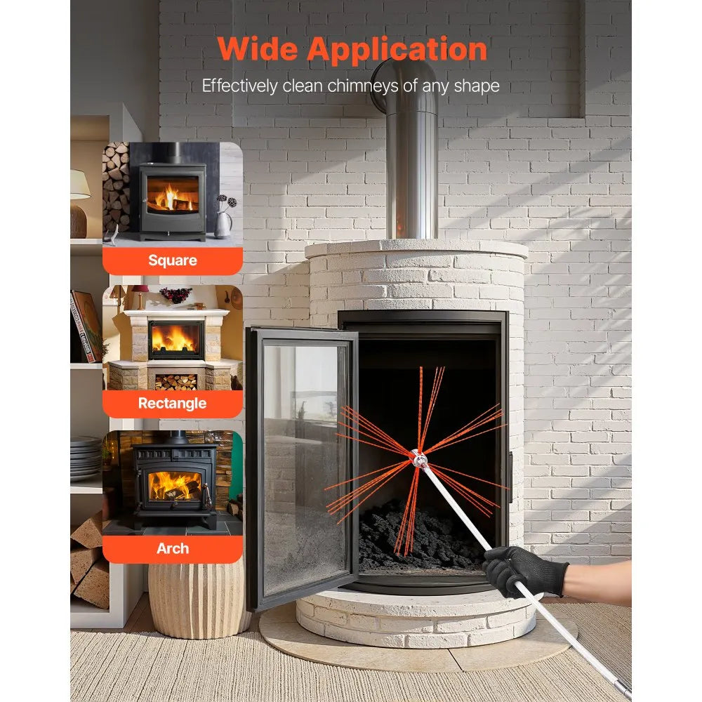 VEVOR 33ft Chimney Sweep Cleaning Kit with Flexible Rods, Replacement Bristles & Safety Goggles for Fireplace Chimney Maintenance
