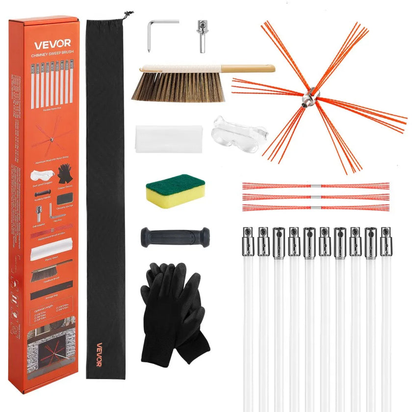 VEVOR 33ft Chimney Sweep Cleaning Kit with Flexible Rods, Replacement Bristles & Safety Goggles for Fireplace Chimney Maintenance