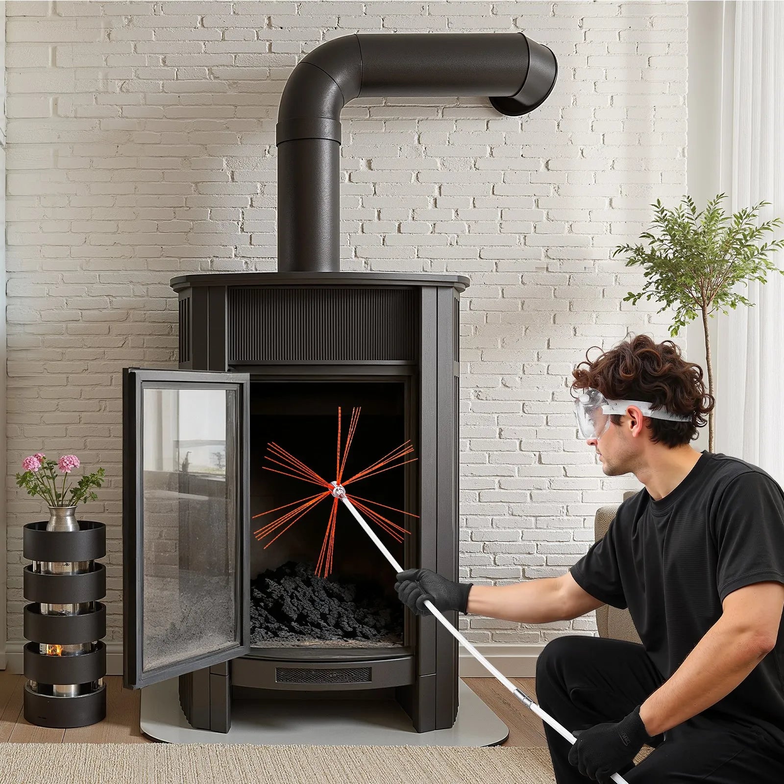 VEVOR 33ft Chimney Sweep Cleaning Kit with Flexible Rods, Replacement Bristles & Safety Goggles for Fireplace Chimney Maintenance