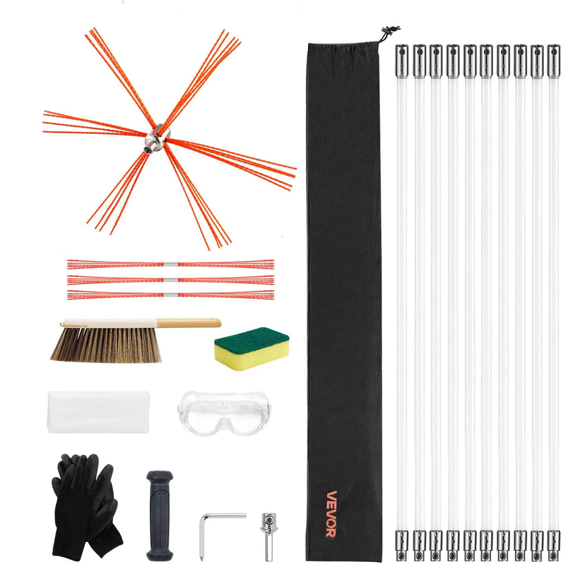 VEVOR 33ft Chimney Sweep Cleaning Kit with Flexible Rods, Replacement Bristles & Safety Goggles for Fireplace Chimney Maintenance