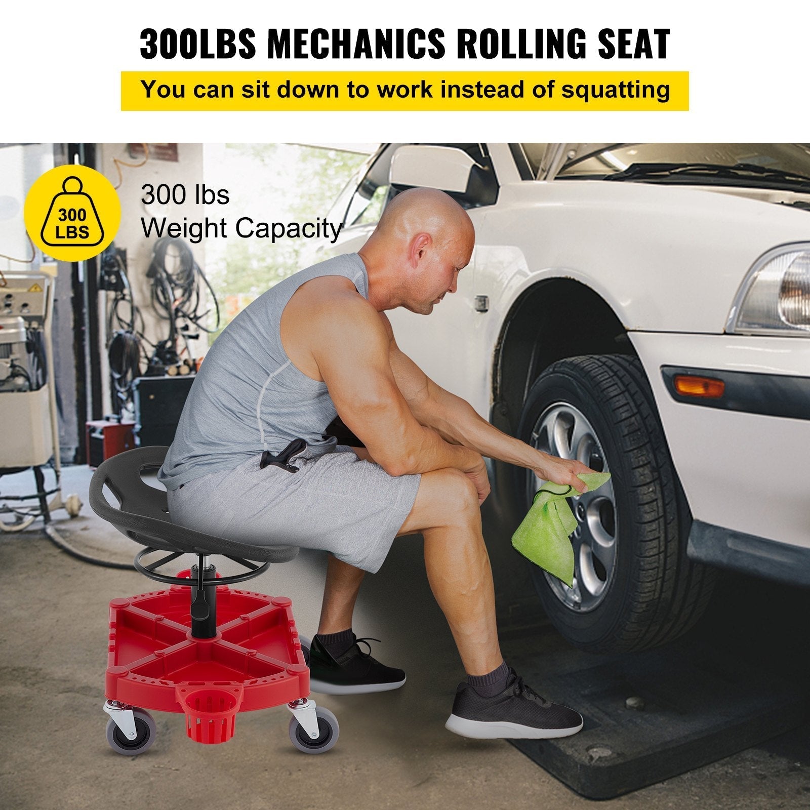 VEVOR Rolling Garage Stool, 300LBS Capacity, Adjustable Height from 18 in to 23 in, 360-degree Swivel Wheels (4