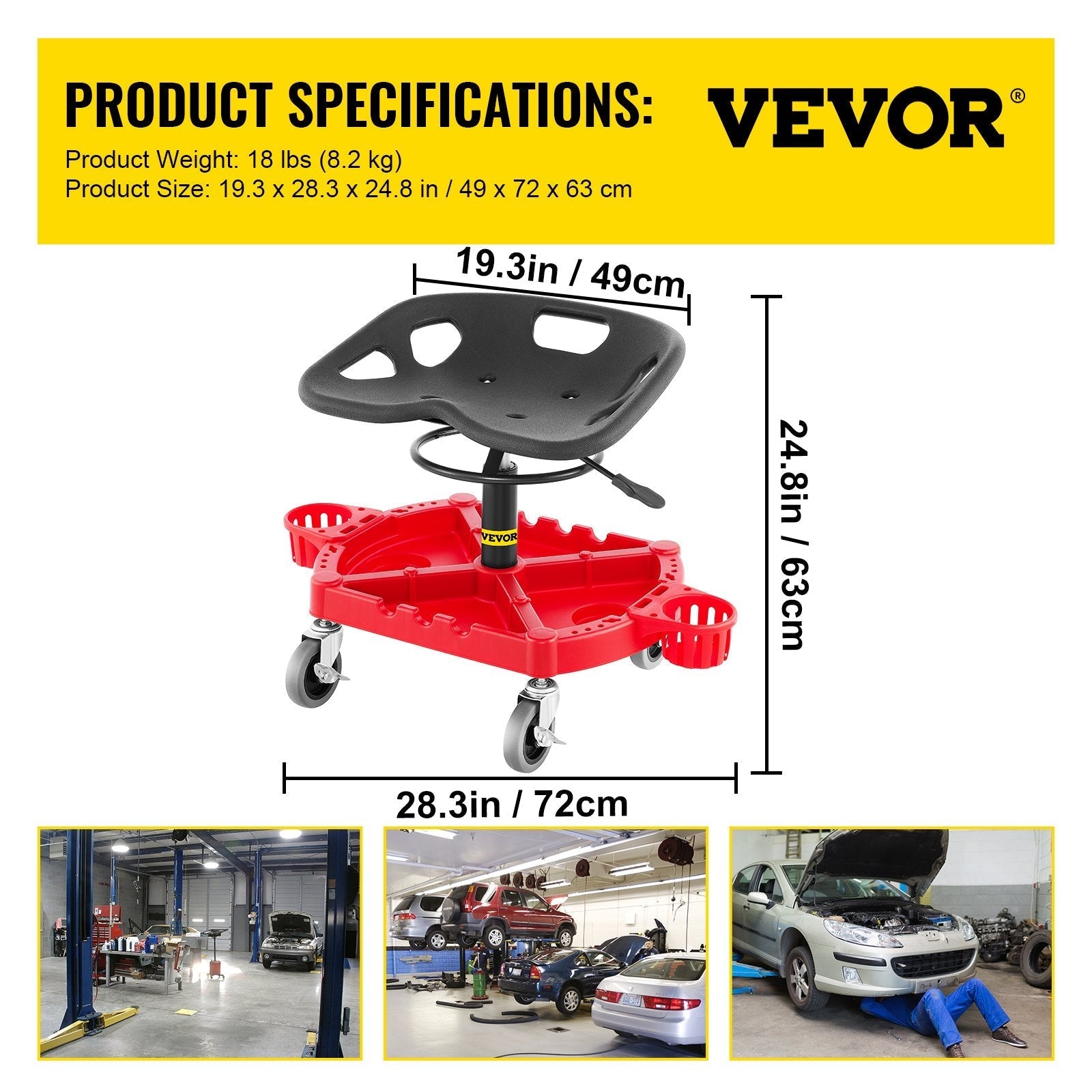 VEVOR Rolling Garage Stool, 300LBS Capacity, Adjustable Height from 18 in to 23 in, 360-degree Swivel Wheels (4