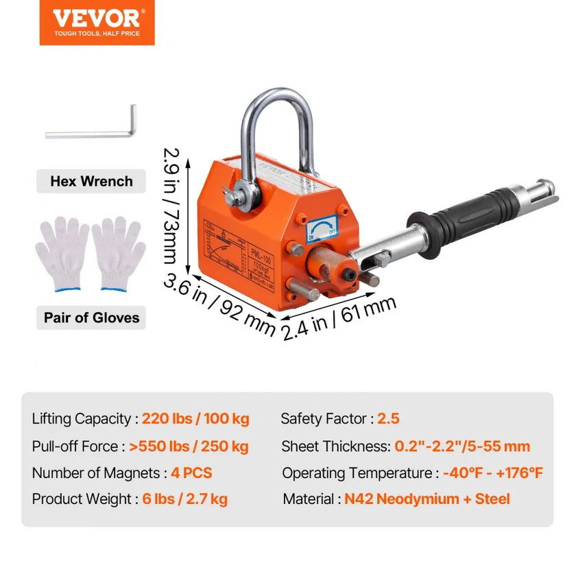 VEVOR Magnetic Lifter, 220 lbs/100 kg Pulling Capacity, 2.5 Safety Factor, Neodymium & Steel, Lifting Magnet with Release, Permanent Lift Magnets, Heavy Duty Magnet for Hoist, Shop Crane, Block, Board