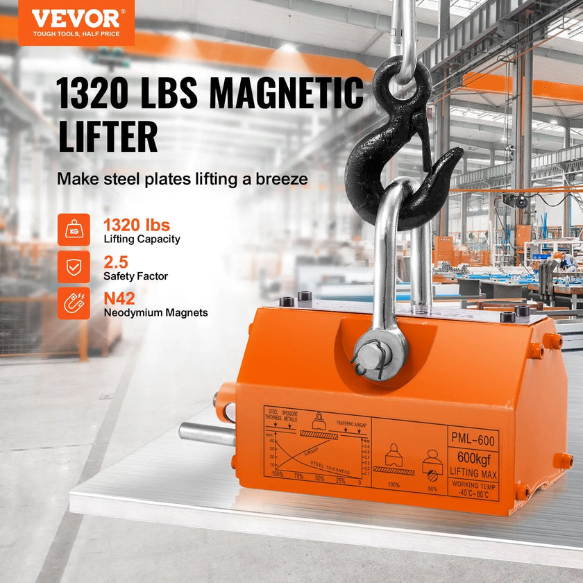 VEVOR Magnetic Lifter, 1320 lbs/600kg Pulling Capacity, 2.5 Safety Factor, Neodymium & Steel, Lifting Magnet with Release, Permanent Lift Magnets, Heavy Duty Magnet for Hoist, Shop Crane, Block, Board