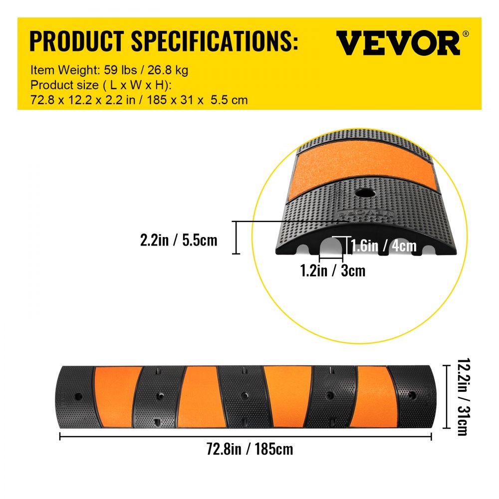 VEVOR Rubber Speed Bump, 1 Pack 2 Channel Speed Bump Hump, 72