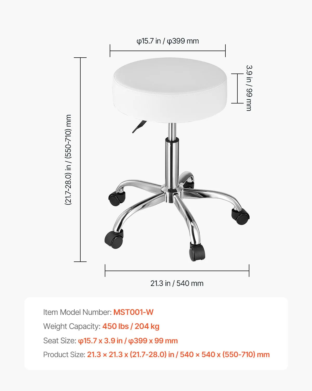VEVOR Round Rolling Stool Swivel Work Stool with Wheels Height Adjustable White