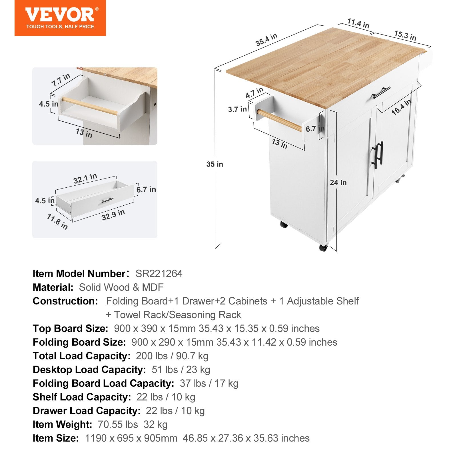 VEVOR Kitchen Island Cart with Solid Wood Top, 35.4