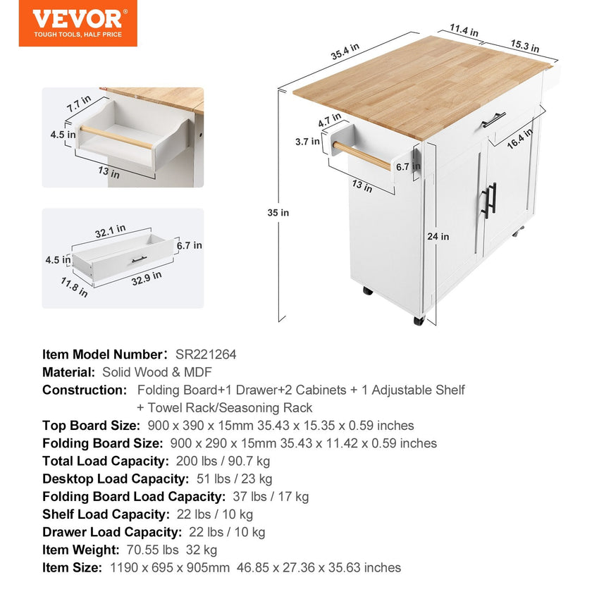 VEVOR Kitchen Island Cart with Solid Wood Top, 35.4