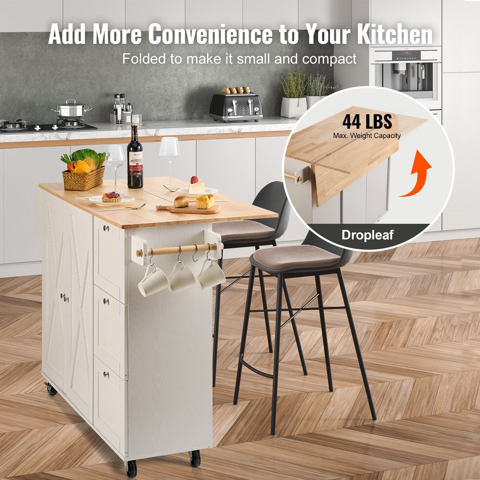 VEVOR Kitchen Island Cart with Solid Wood Top, 45.3