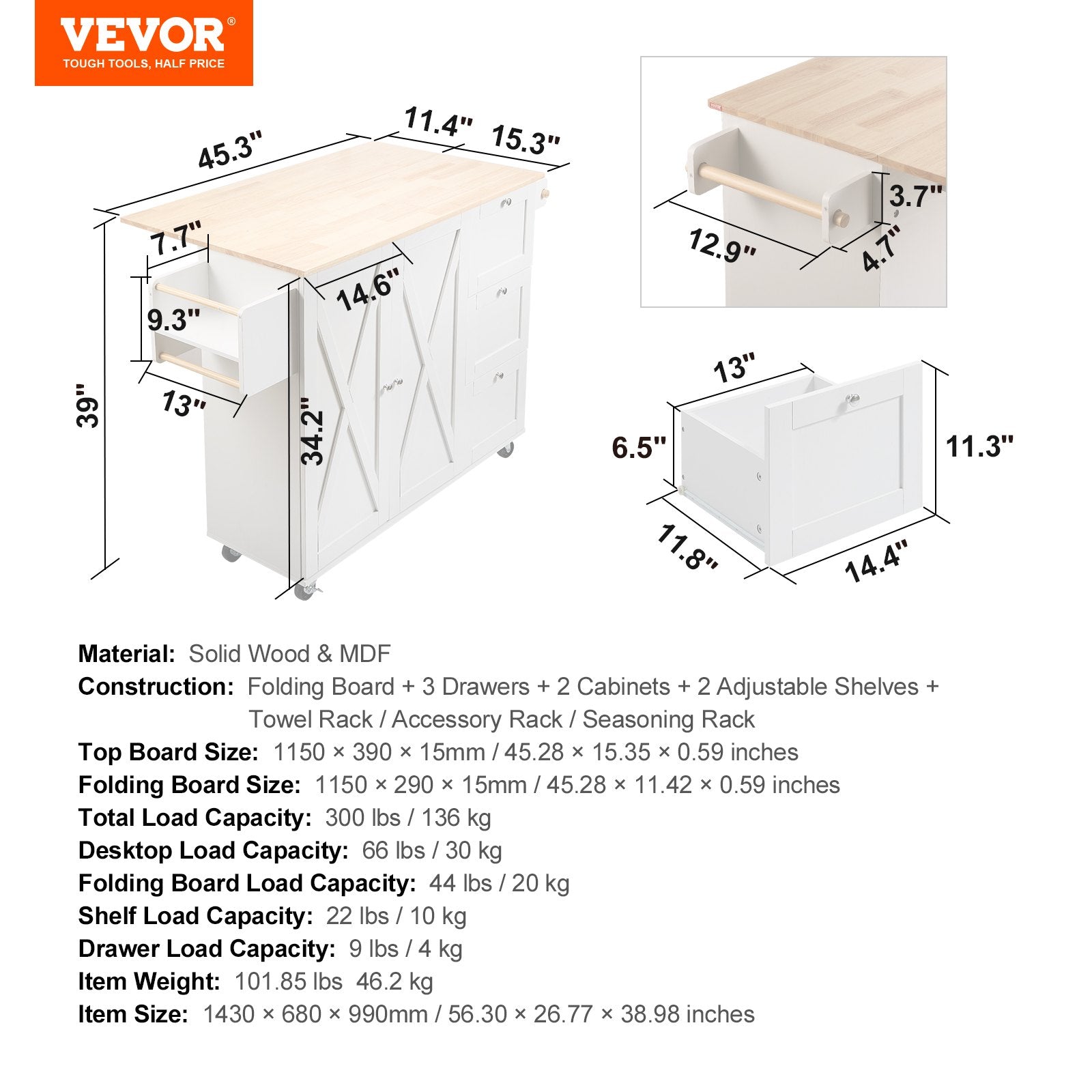 VEVOR Kitchen Island Cart with Solid Wood Top, 45.3