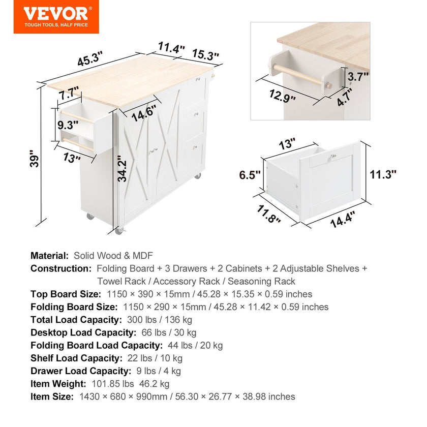 VEVOR Kitchen Island Cart with Solid Wood Top, 45.3