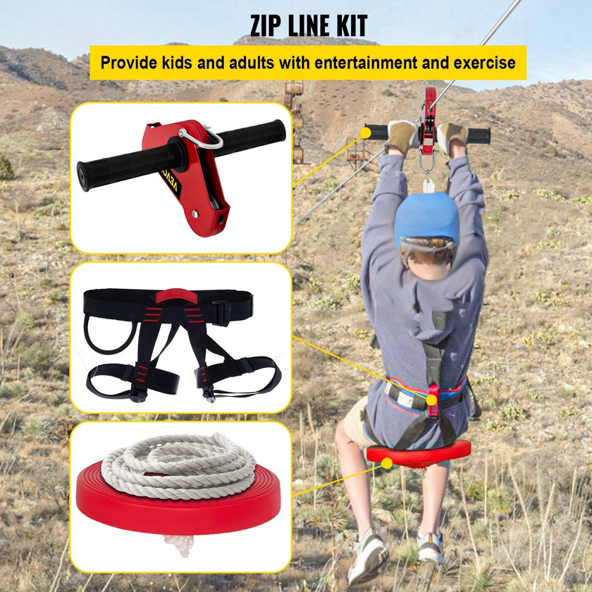 VEVOR Zip line Kits for Backyard 110FT, Zip Lines for Kid and Adult, Included Swing Seat, Zip Lines Brake, and Steel Trolley, Outdoor Playground Equipment