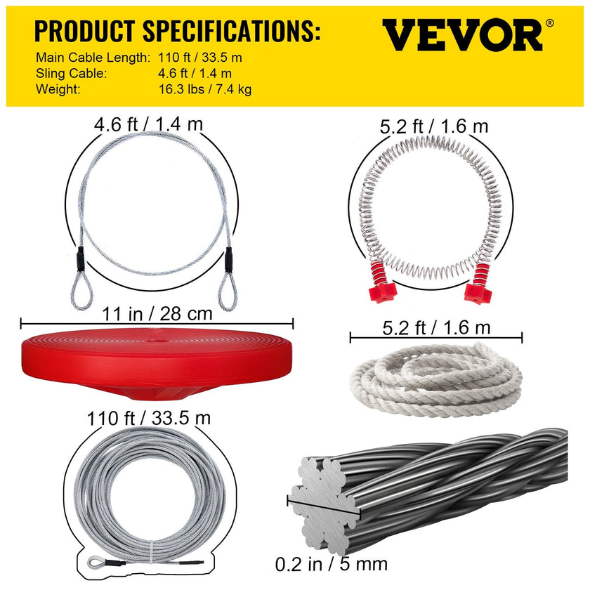 VEVOR Zip line Kits for Backyard 110FT, Zip Lines for Kid and Adult, Included Swing Seat, Zip Lines Brake, and Steel Trolley, Outdoor Playground Equipment