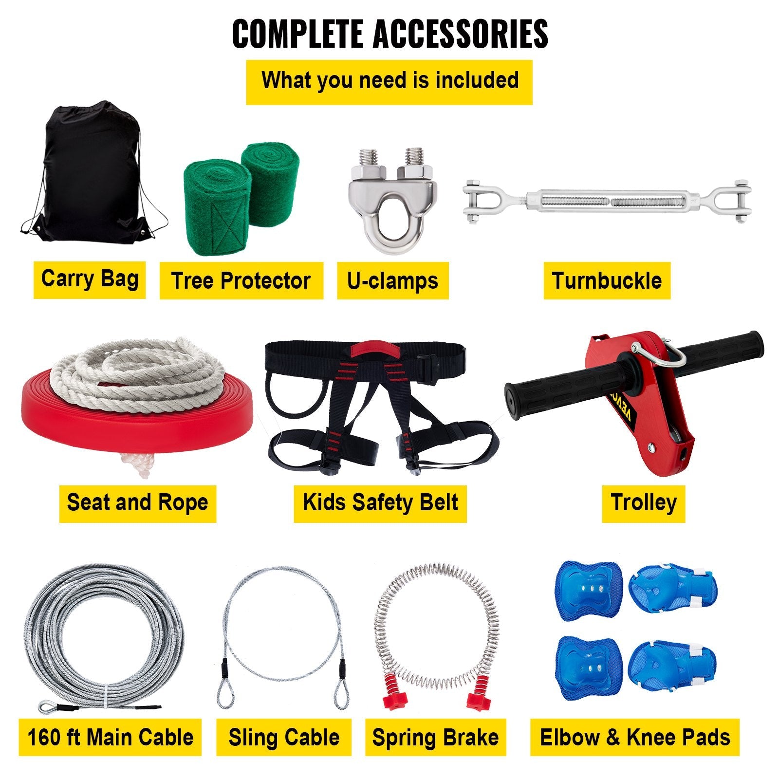 VEVOR Zip line Kits for Backyard 160FT, Zip Lines for Kid and Adult, Included Swing Seat, Zip Lines Brake, and Steel Trolley, Outdoor Playground Equipment