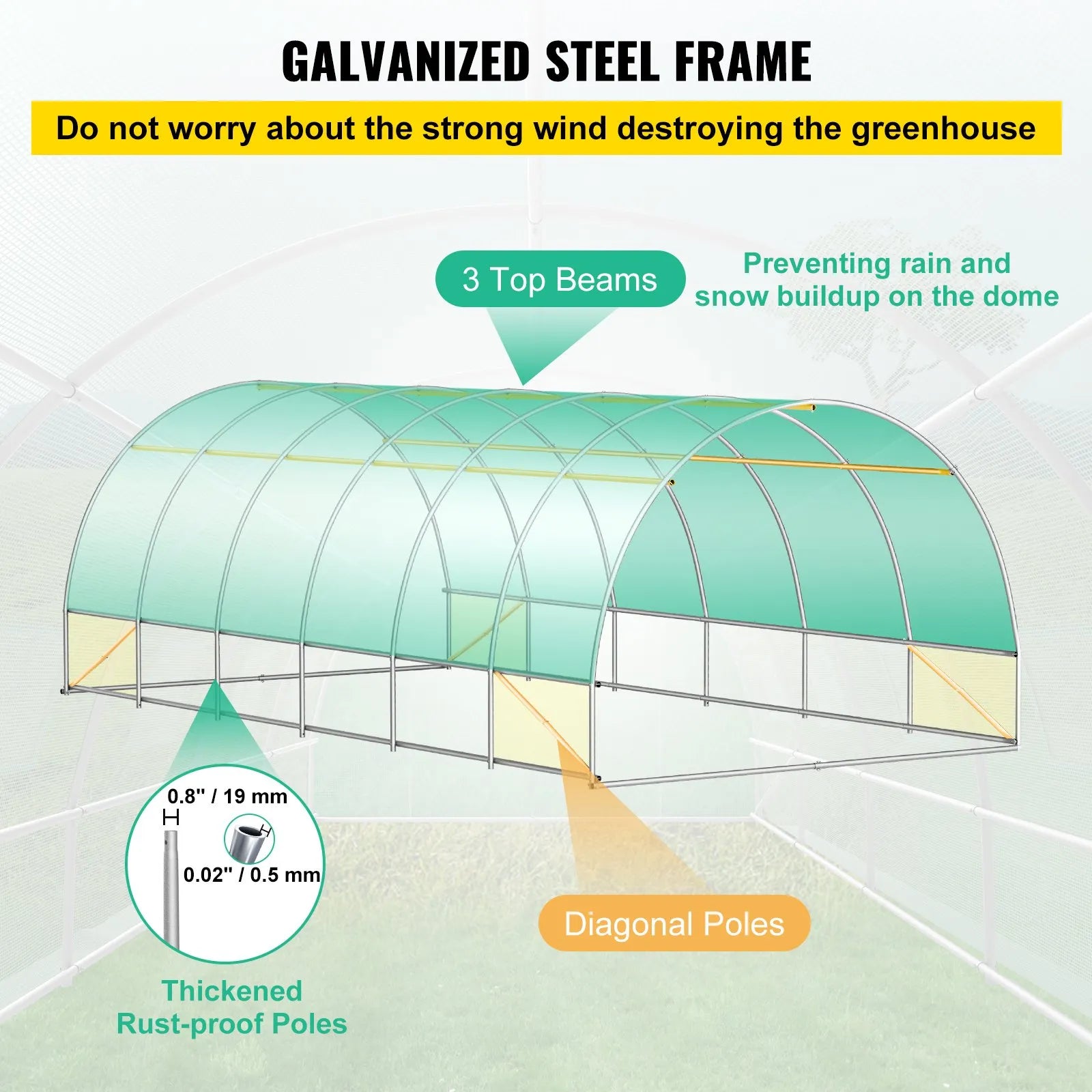 VEVOR Walk-in Tunnel Greenhouse, 20 x 10 x 7 ft Portable Plant Hot House w/ Galvanized Steel Hoops, 3 Top Beams, 4 Diagonal Poles, 2 Zippered Doors & 12 Roll-up Windows, Green