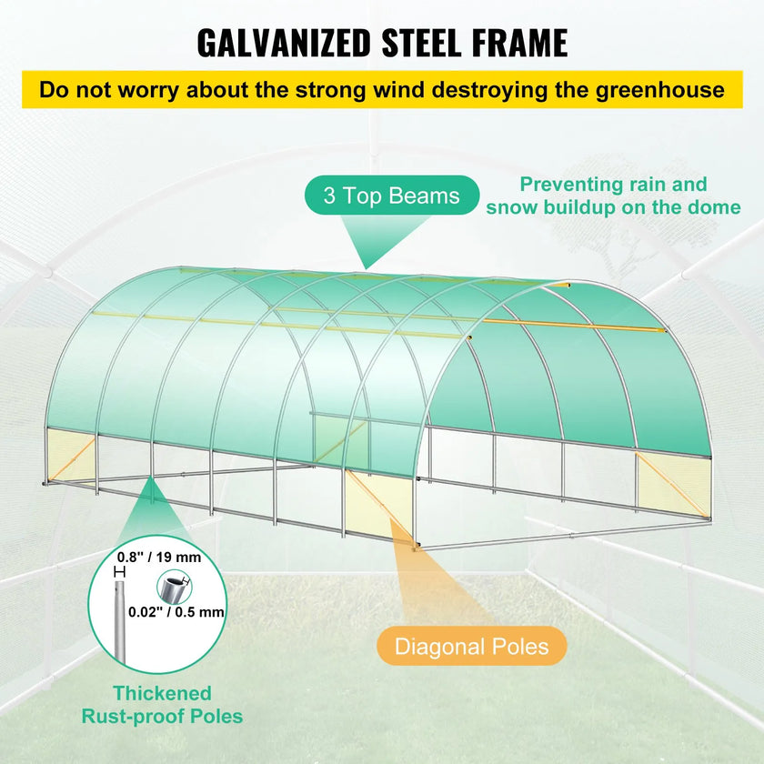 VEVOR Walk-in Tunnel Greenhouse, 20 x 10 x 7 ft Portable Plant Hot House w/ Galvanized Steel Hoops, 3 Top Beams, 4 Diagonal Poles, 2 Zippered Doors & 12 Roll-up Windows, Green
