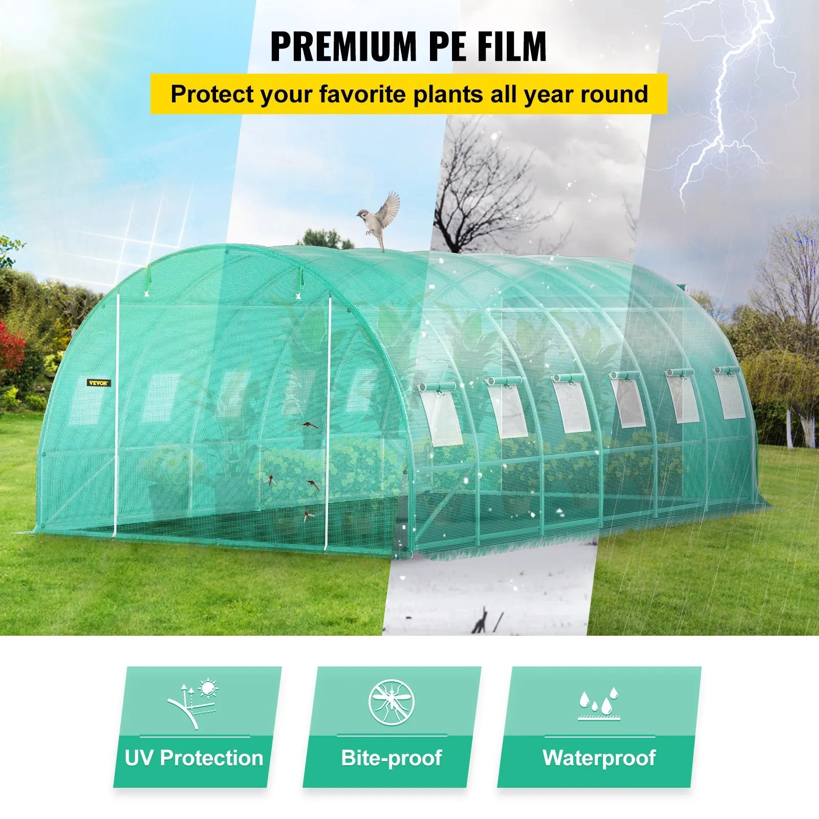 VEVOR Walk-in Tunnel Greenhouse, 20 x 10 x 7 ft Portable Plant Hot House w/ Galvanized Steel Hoops, 3 Top Beams, 4 Diagonal Poles, 2 Zippered Doors & 12 Roll-up Windows, Green