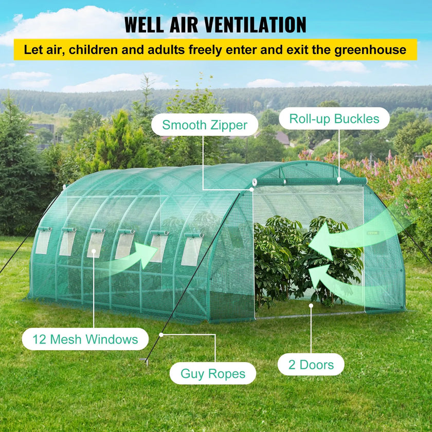 VEVOR Walk-in Tunnel Greenhouse, 20 x 10 x 7 ft Portable Plant Hot House w/ Galvanized Steel Hoops, 3 Top Beams, 4 Diagonal Poles, 2 Zippered Doors & 12 Roll-up Windows, Green