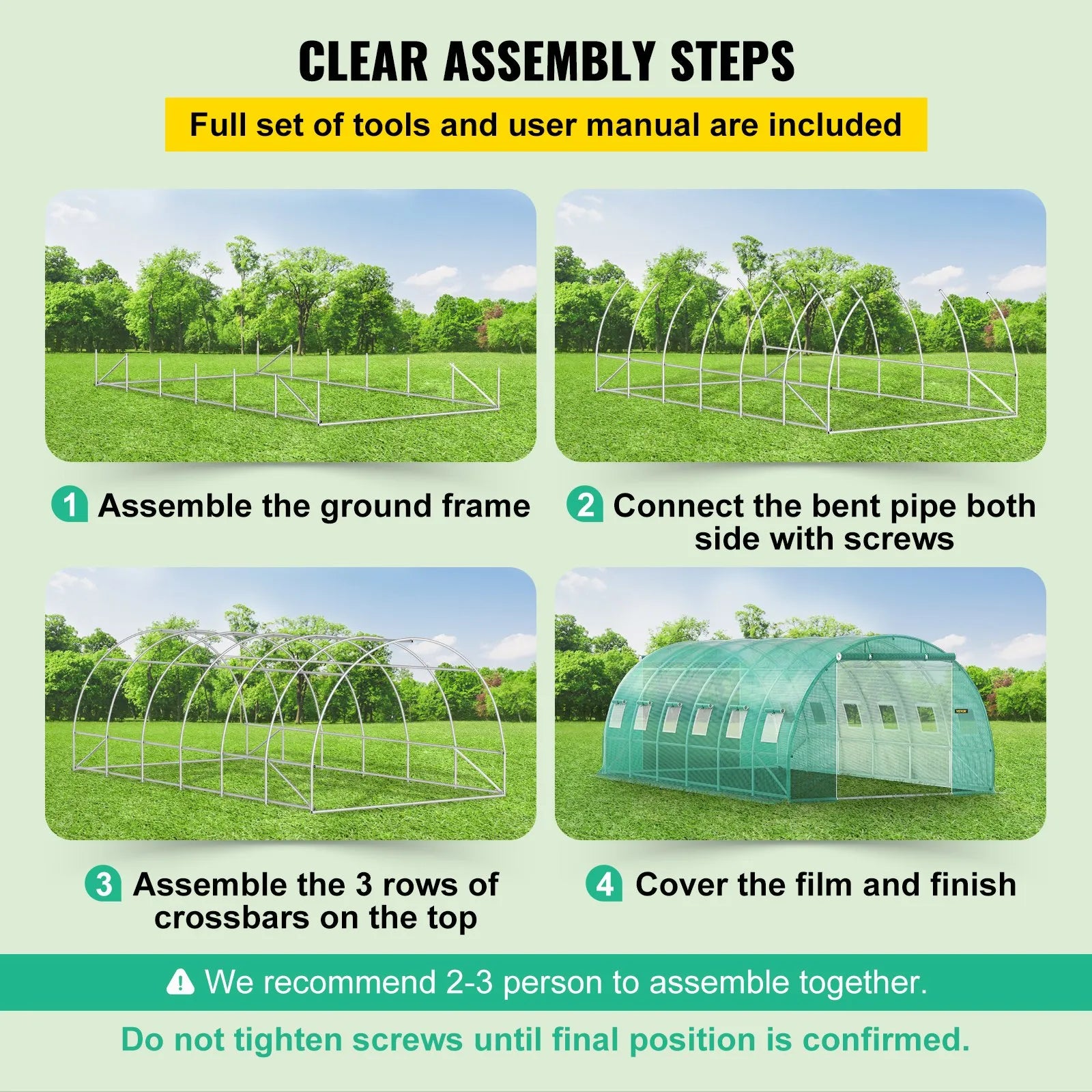 VEVOR Walk-in Tunnel Greenhouse, 20 x 10 x 7 ft Portable Plant Hot House w/ Galvanized Steel Hoops, 3 Top Beams, 4 Diagonal Poles, 2 Zippered Doors & 12 Roll-up Windows, Green
