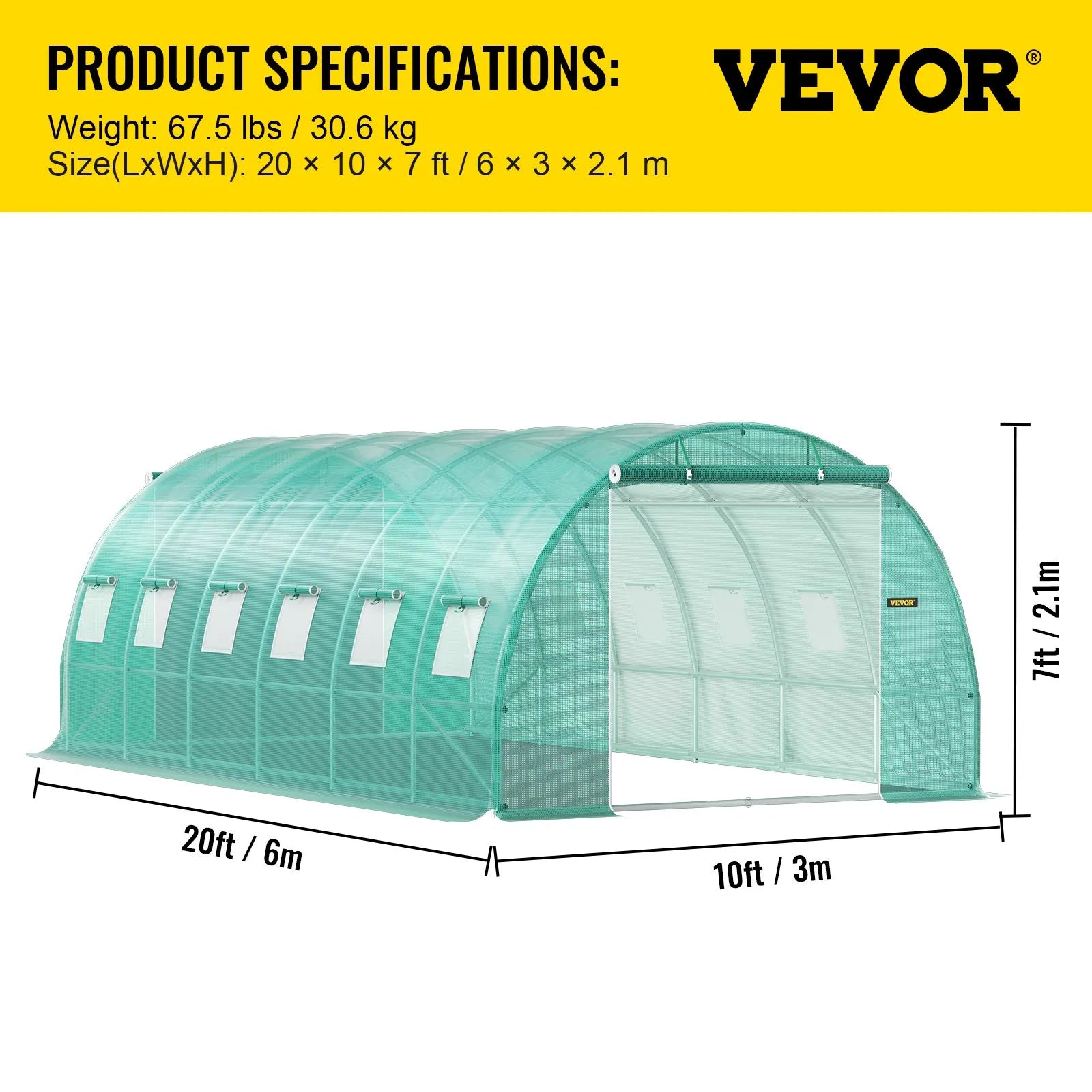 VEVOR Walk-in Tunnel Greenhouse, 20 x 10 x 7 ft Portable Plant Hot House w/ Galvanized Steel Hoops, 3 Top Beams, 4 Diagonal Poles, 2 Zippered Doors & 12 Roll-up Windows, Green