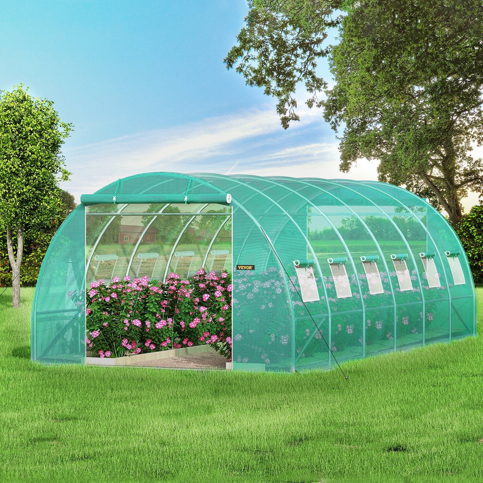 VEVOR Walk-in Tunnel Greenhouse, 20 x 10 x 7 ft Portable Plant Hot House w/ Galvanized Steel Hoops, 3 Top Beams, 4 Diagonal Poles, 2 Zippered Doors & 12 Roll-up Windows, Green