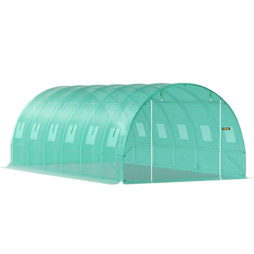 VEVOR Walk-in Tunnel Greenhouse, 20 x 10 x 7 ft Portable Plant Hot House w/ Galvanized Steel Hoops, 3 Top Beams, 4 Diagonal Poles, 2 Zippered Doors & 12 Roll-up Windows, Green