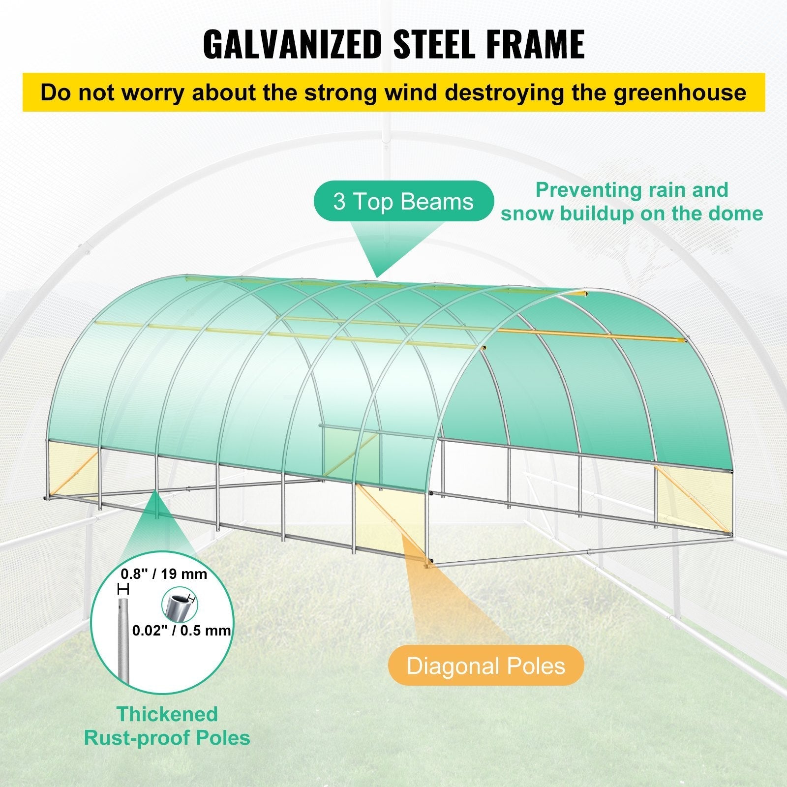 VEVOR Walk-in Tunnel Greenhouse, 20 x 10 x 7 ft Portable Plant Hot House w/ Galvanized Steel Hoops, 3 Top Beams, 4 Diagonal Poles, 2 Zippered Doors & 12 Roll-up Windows, White