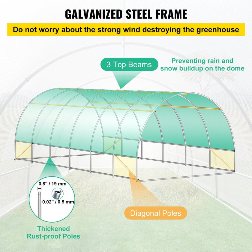 VEVOR Walk-in Tunnel Greenhouse, 20 x 10 x 7 ft Portable Plant Hot House w/ Galvanized Steel Hoops, 3 Top Beams, 4 Diagonal Poles, 2 Zippered Doors & 12 Roll-up Windows, White
