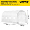 VEVOR Walk-in Tunnel Greenhouse, 15 x 6.5 x 7 ft Portable Plant Hot House w/ Galvanized Steel Hoops, 1 Top Beam, 2  x Diagonal Poles, A Zippered Door & 8 Roll-up Windows, White