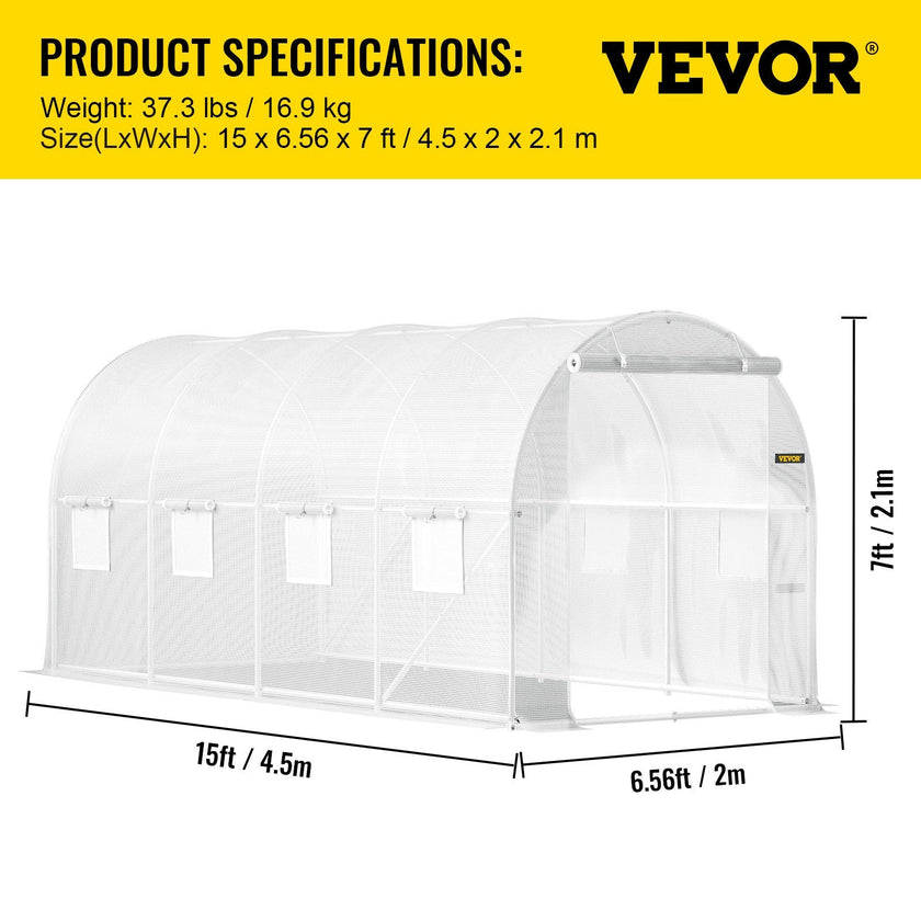 VEVOR Walk-in Tunnel Greenhouse, 15 x 6.5 x 7 ft Portable Plant Hot House w/ Galvanized Steel Hoops, 1 Top Beam, 2  x Diagonal Poles, A Zippered Door & 8 Roll-up Windows, White