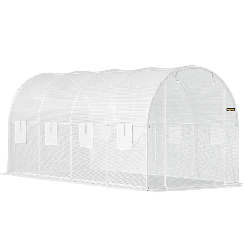 VEVOR Walk-in Tunnel Greenhouse, 15 x 6.5 x 7 ft Portable Plant Hot House w/ Galvanized Steel Hoops, 1 Top Beam, 2  x Diagonal Poles, A Zippered Door & 8 Roll-up Windows, White