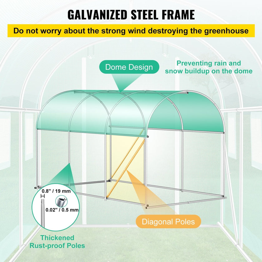 VEVOR Walk-in Tunnel Greenhouse, 9.8 x 6.6 x 6.6 ft Portable Plant Hot House w/ Galvanized Steel Hoops, 1 Top Beam, 2 Diagonal Poles, 2 Zippered Doors & 6 Roll-up Windows, Green