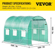 VEVOR Walk-in Tunnel Greenhouse, 9.8 x 6.6 x 6.6 ft Portable Plant Hot House w/ Galvanized Steel Hoops, 1 Top Beam, 2 Diagonal Poles, 2 Zippered Doors & 6 Roll-up Windows, Green