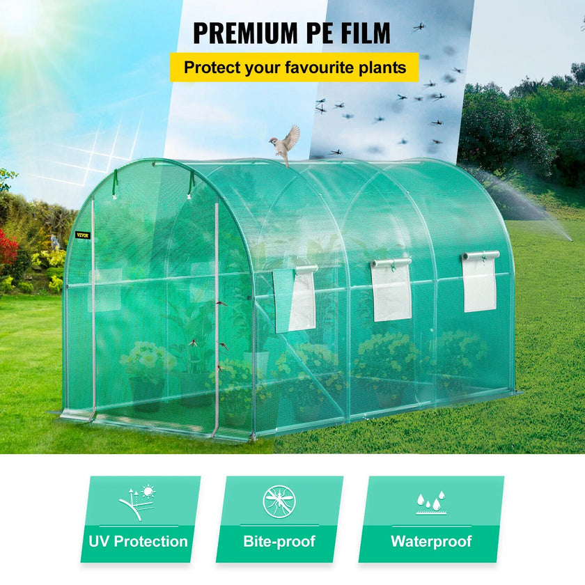 VEVOR Walk-in Tunnel Greenhouse, 12 x 7 x 7 ft Portable Plant Hot House w/ Galvanized Steel Hoops, 1 Top Beams, 2 Diagonal Poles, 2 Zippered Doors & 6 Roll-up Windows, Green