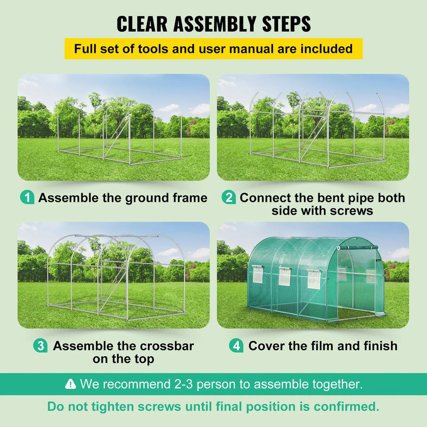 VEVOR Walk-in Tunnel Greenhouse, 12 x 7 x 7 ft Portable Plant Hot House w/ Galvanized Steel Hoops, 1 Top Beams, 2 Diagonal Poles, 2 Zippered Doors & 6 Roll-up Windows, Green