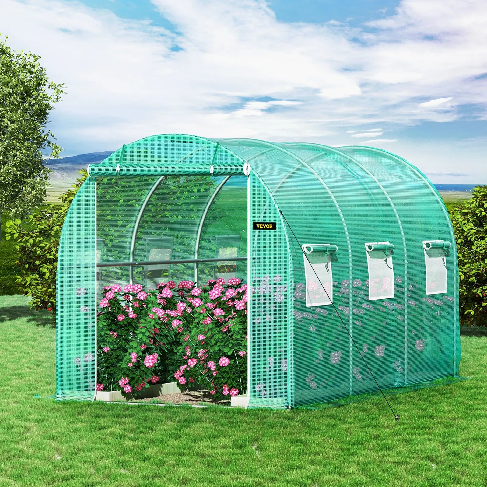 VEVOR Walk-in Tunnel Greenhouse, 12 x 7 x 7 ft Portable Plant Hot House w/ Galvanized Steel Hoops, 1 Top Beams, 2 Diagonal Poles, 2 Zippered Doors & 6 Roll-up Windows, Green