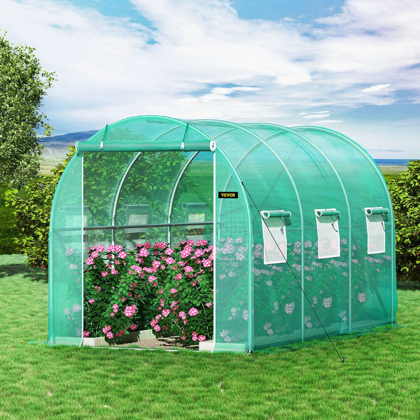 VEVOR Walk-in Tunnel Greenhouse, 12 x 7 x 7 ft Portable Plant Hot House w/ Galvanized Steel Hoops, 1 Top Beams, 2 Diagonal Poles, 2 Zippered Doors & 6 Roll-up Windows, Green