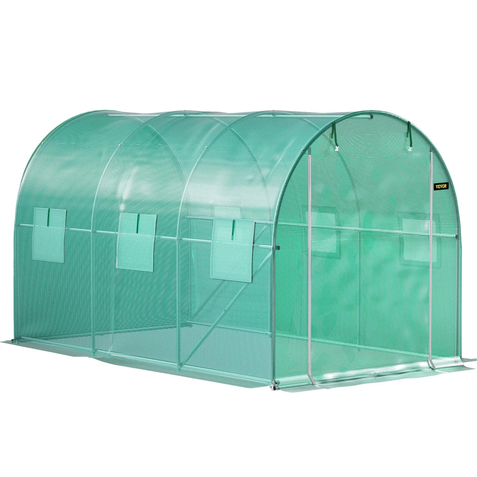 VEVOR Walk-in Tunnel Greenhouse, 12 x 7 x 7 ft Portable Plant Hot House w/ Galvanized Steel Hoops, 1 Top Beams, 2 Diagonal Poles, 2 Zippered Doors & 6 Roll-up Windows, Green